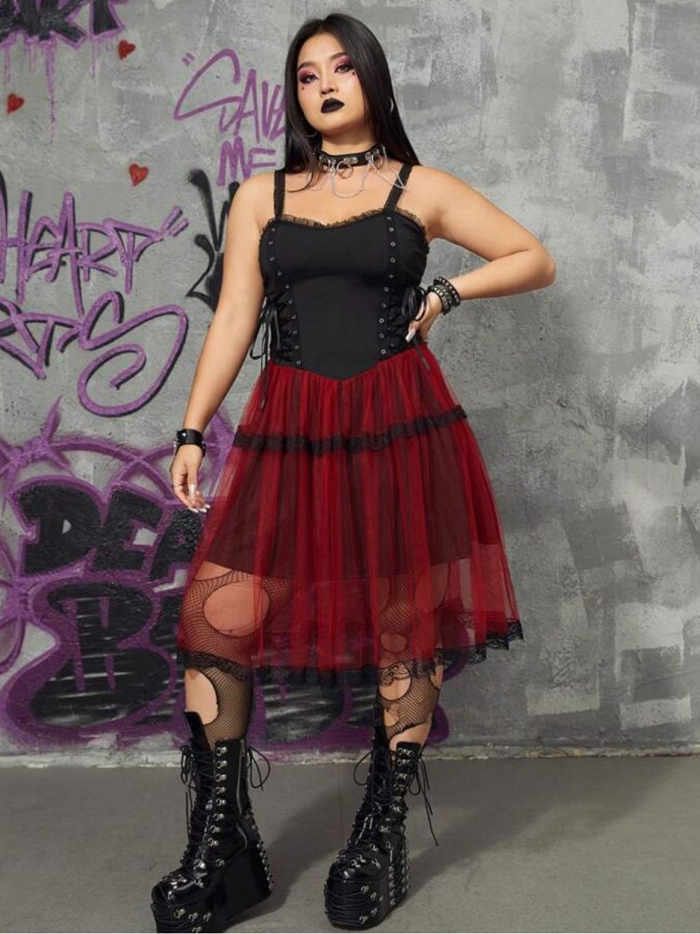 ROMWE Black Red Grunge Punk LaLace Up Corset Part Sheer Mesh Lace Vampy Dress L
